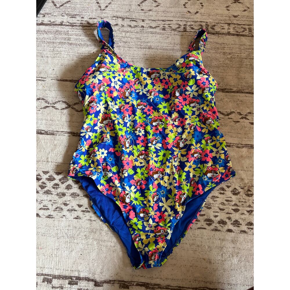 Buc-ee's Women One piece Swim Suit Beaver Floral XL Blue Multi